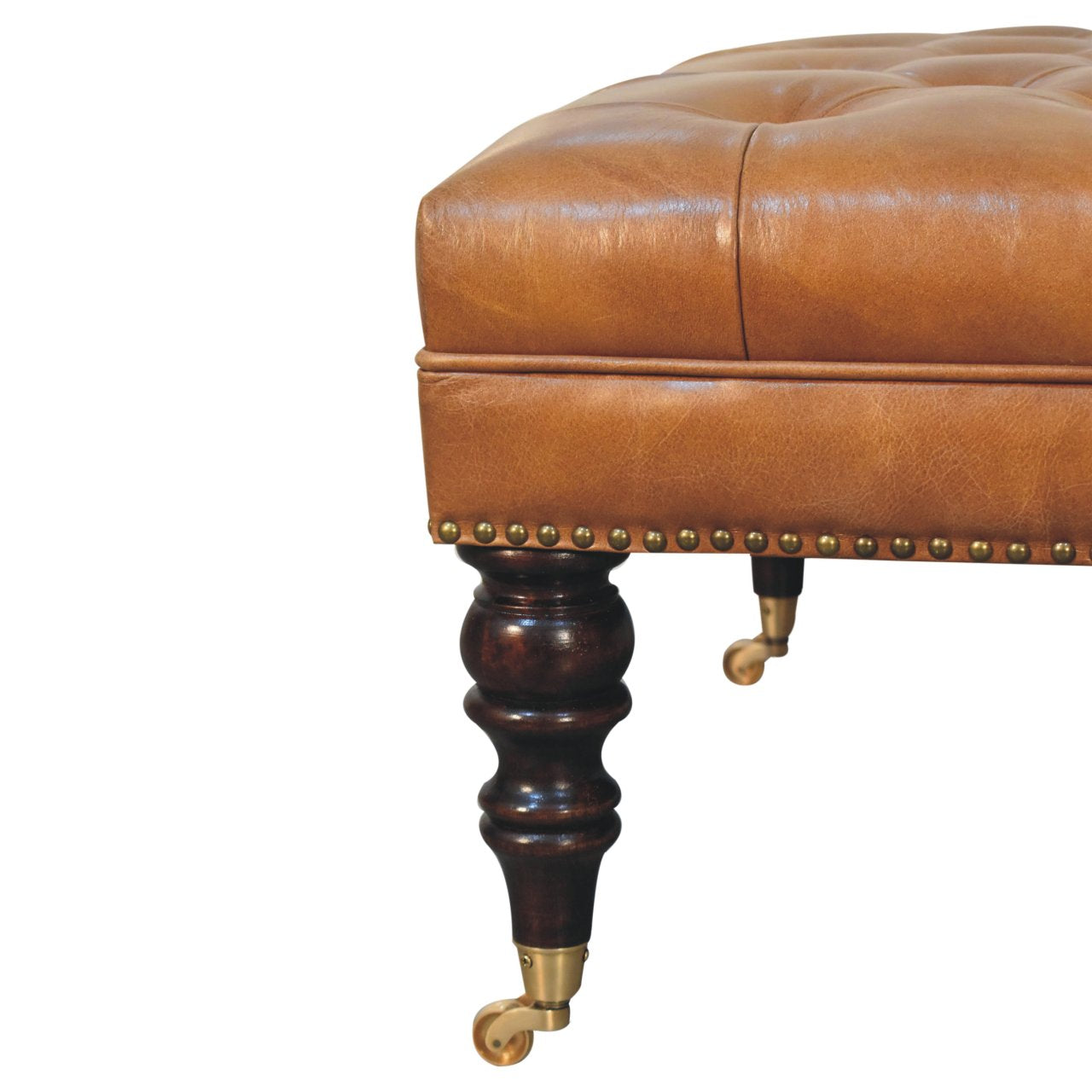 Studded Buffalo Tan Leather Ottoman with Castor Legs - Luxe Home Comforts