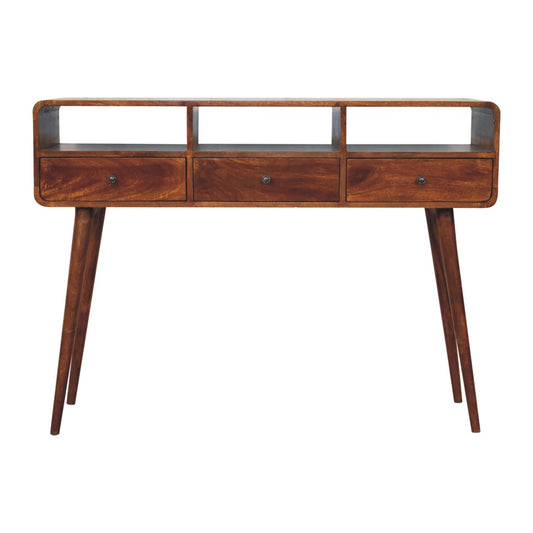 Triple Curved Chestnut Console Table - Luxe Home Comforts
